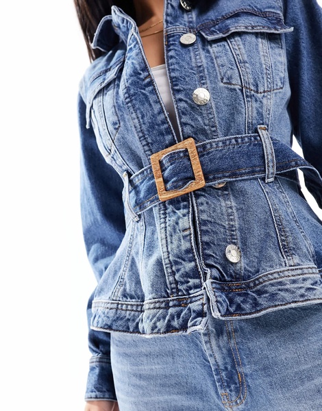 River Island Petite denim jacket with belted waist in blue