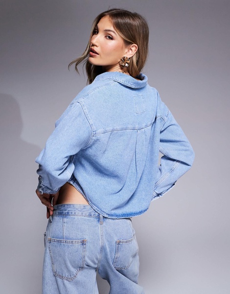 River Island crop denim shirt in light wash blue