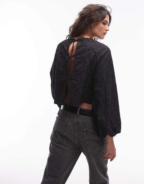 Topshop jacquard balloon sleeve top in black