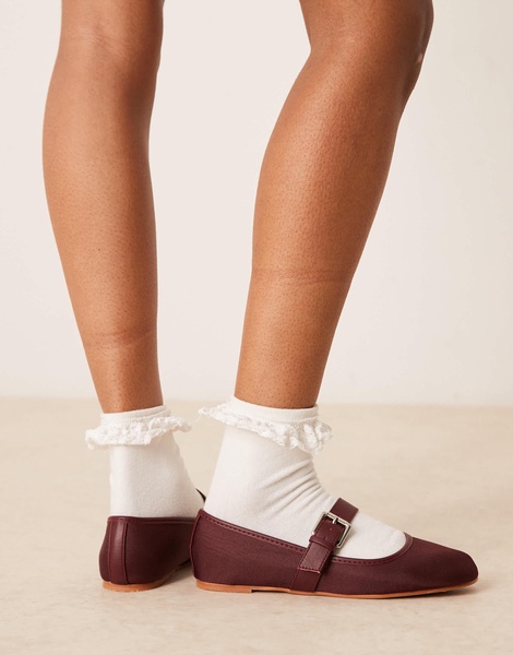 ASOS DESIGN Lou mary jane ballet flats in burgundy textile