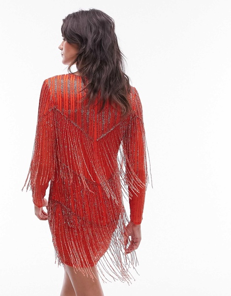 Topshop long sleeved chevron beaded fringe mini dress in orange