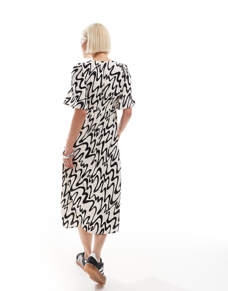 Monki short sleeve midi sun dress with side split in mono abstract print exclusive to ASOS