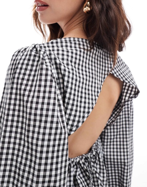 ASOS DESIGN poplin long sleeve ruched back blouse in black gingham