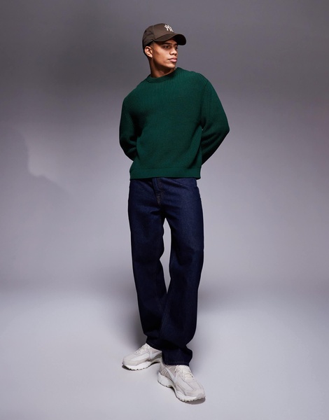 ASOS DESIGN oversized boxy knitted fisherman rib sweater in dark green