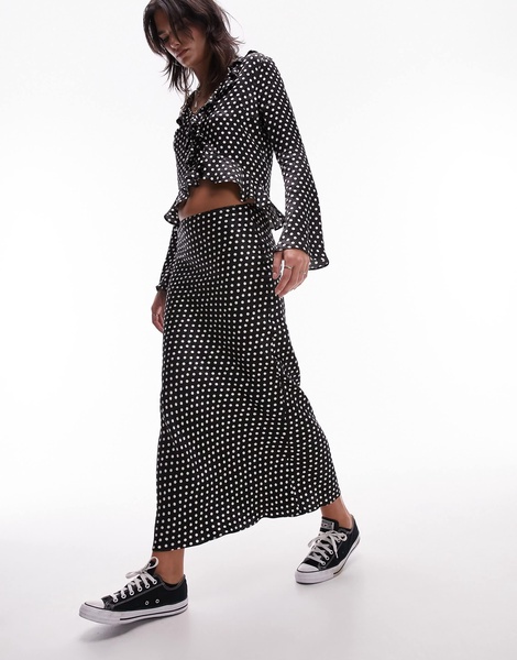 Topshop satin jacquard bias maxi skirt in mono polka dot - part of a set
