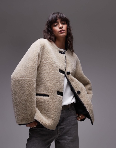 Mango contrast detail collarless faux shearling jacket in ecru