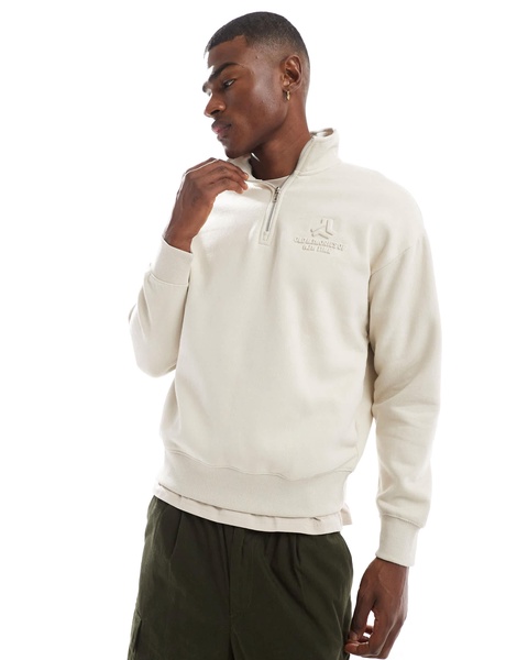 Bershka 1/4 zip sweatshirt with emboss print in ecru
