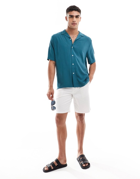 ASOS DESIGN relaxed fit viscose shirt with revere collar in dark teal