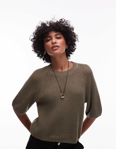 ARKET open knit short sleeve sweater in khaki