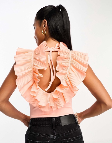 River Island Petite frill neck top in peach