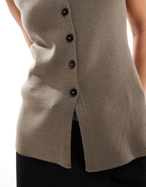 ASOS DESIGN knitted structured vest with contrast buttons in mocha