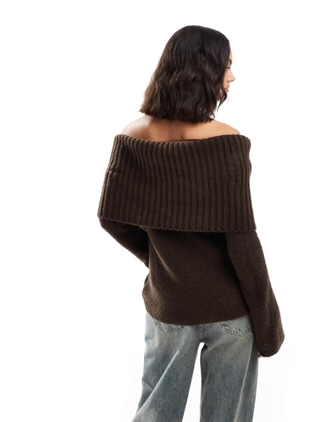 ASOS DESIGN chunky bardot rib sweater in chocolate