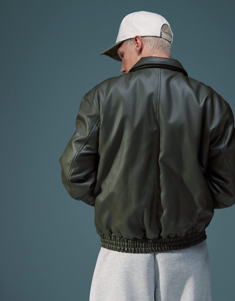 ASOS DESIGN oversized faux leather wadded harrington jacket in khaki