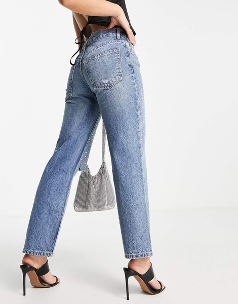 ASOS DESIGN Petite cotton blend low rise straight leg jeans in all over diamante hotfix with ripped knee - MBLUE