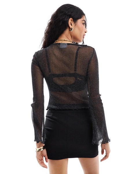 ASOS DESIGN glitter mesh sheer angel sleeve top in black