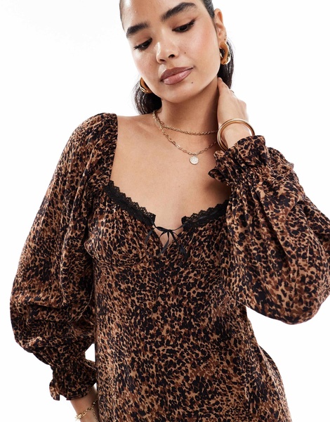Miss Selfridge ribbon detail tie front mini tea dress in animal print