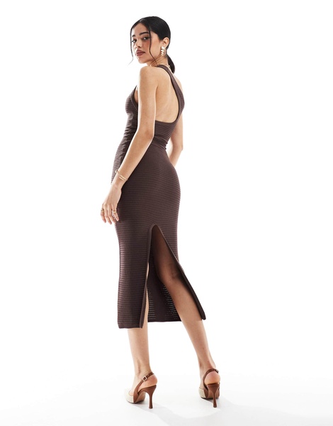 Bershka one shoulder knit maxi dress in chocolate