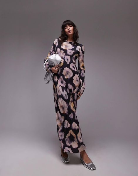 Topshop slash neck midi dress in gray and lime floral
