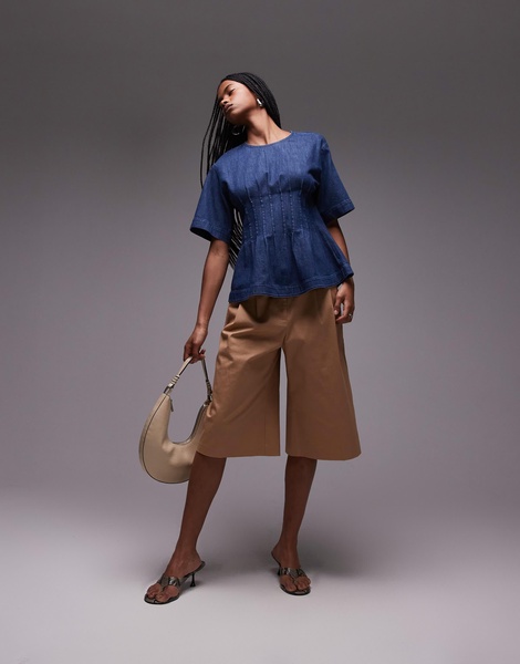 ARKET lightweight denim blouse with pleated bodice in mid wash blue