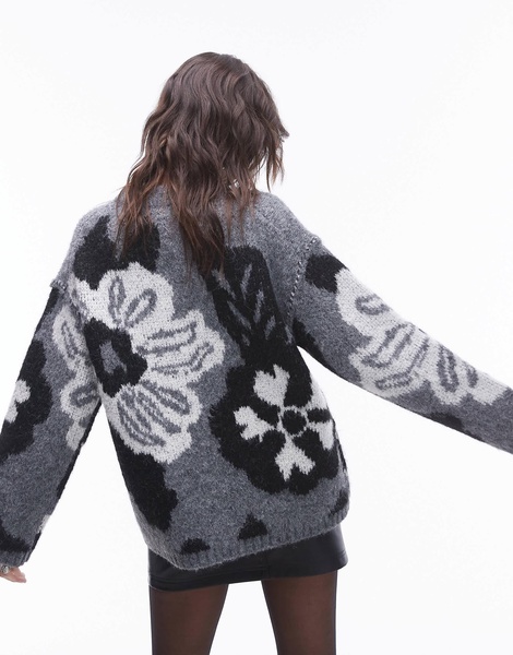 Topshop knitted large floral oversized sweater in gray