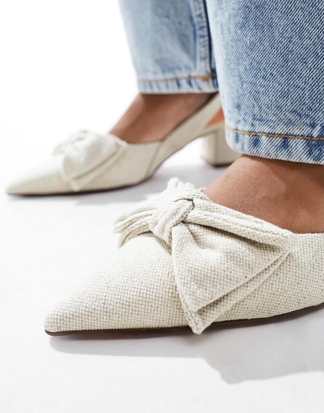 ASOS DESIGN Symphony bow slingback mid block heel shoes in natural