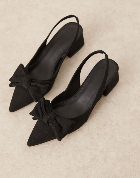 ASOS DESIGN Symphony bow slingback mid block heeled shoes in black linen
