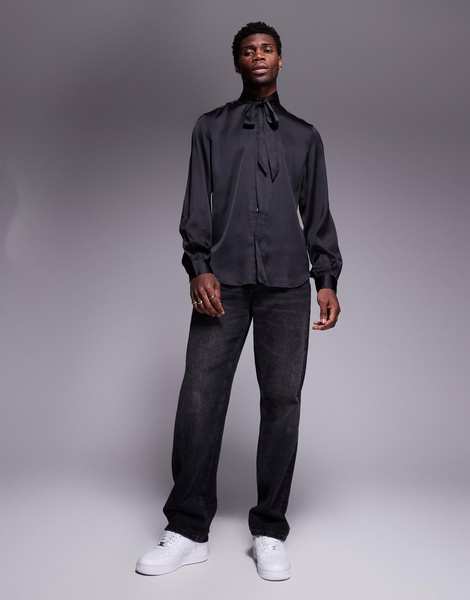 ASOS DESIGN satin regular shirt with tie neck and blouson volume sleeve