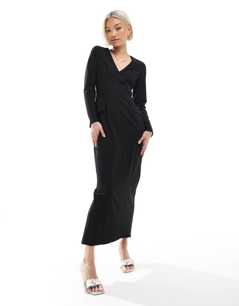 ASOS DESIGN long sleeve seam detail v-neck midi dress in black