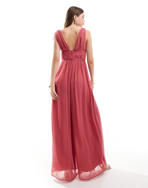 ASOS DESIGN button front plunge wide leg jumpsuit with contrast satin detail in dark pink
