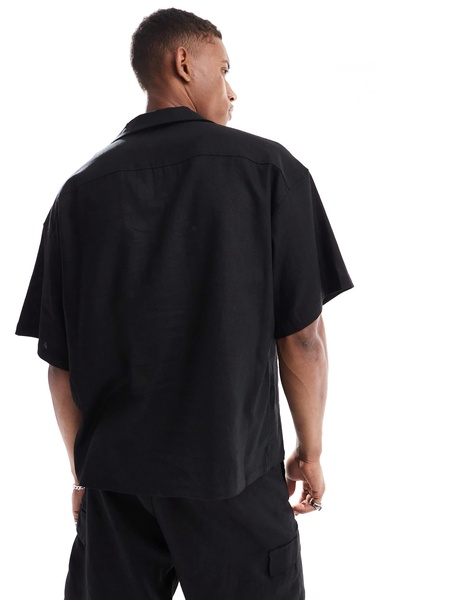 ADPT oversized linen mix revere collar shirt in black