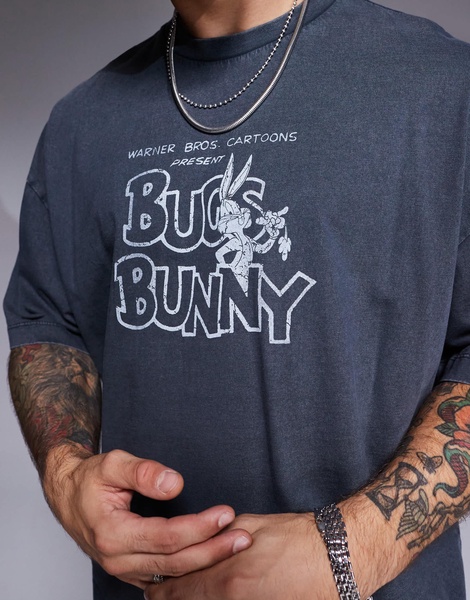 ASOS DESIGN unisex oversized license t-shirt with Bugs Bunny Looney Tunes prints in washed black