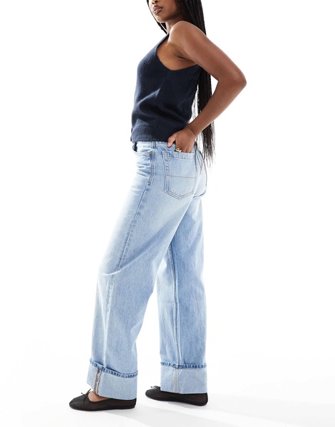 Bershka cuffed wide leg jeans in light wash blue