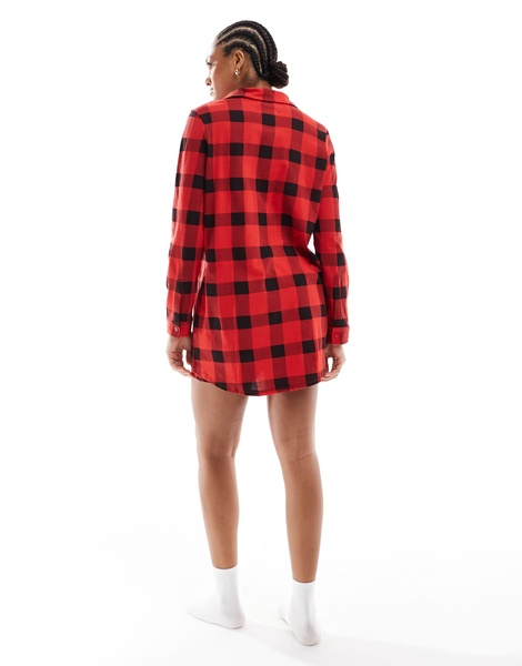Brave Soul long sleeve red and black check shirt and shorts lounge set