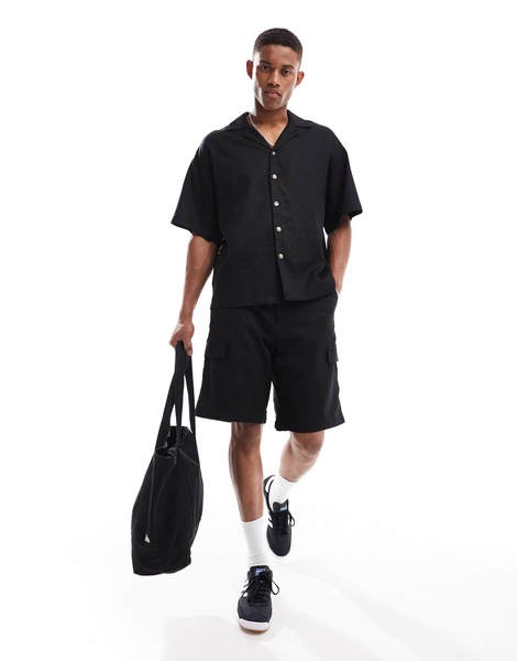 ADPT oversized linen mix revere collar shirt in black