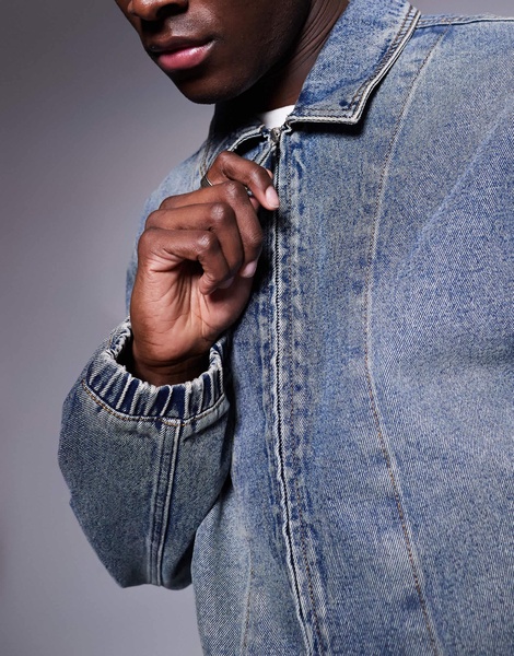 ASOS DESIGN denim bomber jacket in mid wash blue