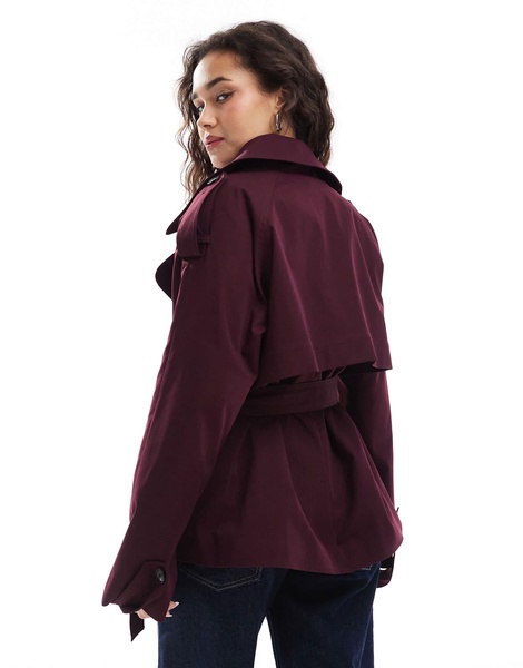 ASOS DESIGN oversized short trench coat with belt in burgundy