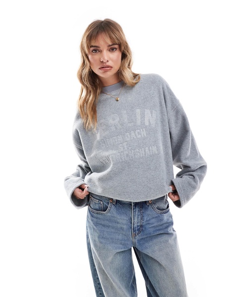 ASOS DESIGN embossed berlin graphic borg sweatshirt in gray heather