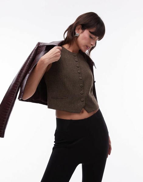 Mango herringbone check vest in brown