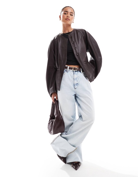 ASOS DESIGN collarless faux leather blazer with extreme sleeves in chocolate