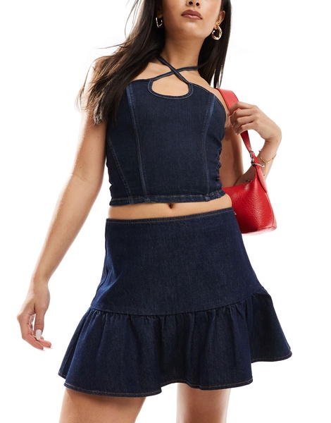 ASOS DESIGN denim tiered mini skirt in dark indigo