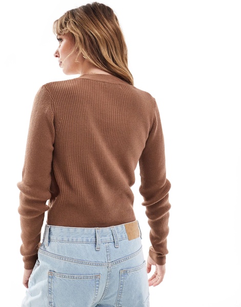Brave Soul ribbed cardigan with gold buttons in brown