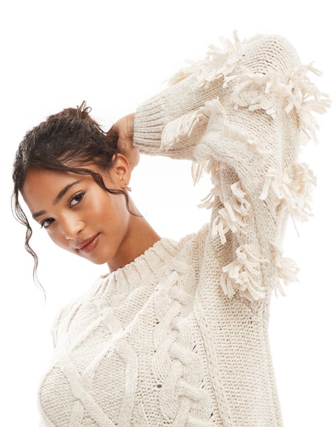 Bershka chunky textured cable knit sweater in ecru