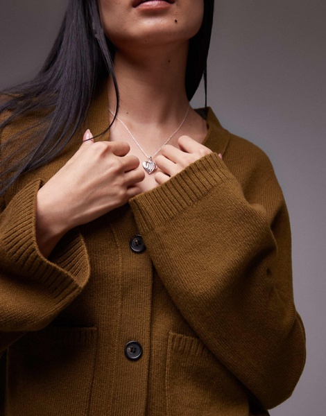 ARKET textured yarn wool cardigan with v-neck and front pockets in khaki brown