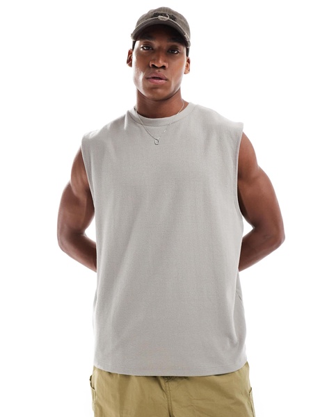 ASOS DESIGN oversized textured tank top in stone with back print