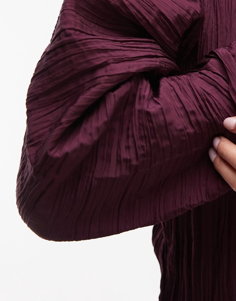 ARKET plisse top with sculptural sleeves in burgundy