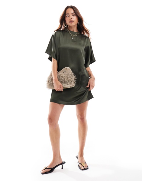 ASOS DESIGN satin oversized mini T-shirt dress in khaki