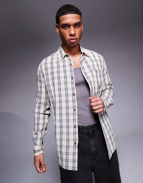 River Island classic plaid shirt in stone