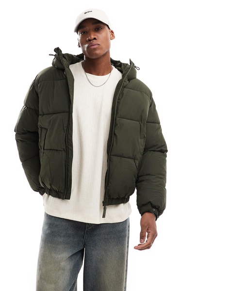 Bershka puffer jacket with hood in khaki