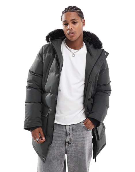 Brave Soul padded parka jacket with faux fur hood in charcoal gray