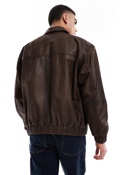 ASOS DESIGN oversized real leather harrington jacket in washed brown
